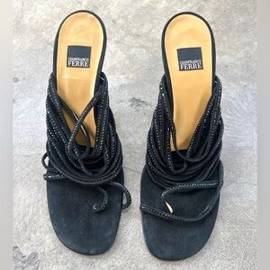 New Gianfranco Ferre Black Crystal Strappy Sandal Suede Heels Sz 40 Italy 9/9.5